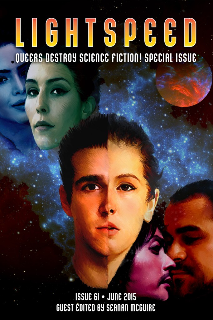 The cover of Queers Destroy Science Fiction. In the center of the cover there is an image that is two halves of different faces next to each other. We also see two faces in the top left corner and the bottom right corner. The background is space. 